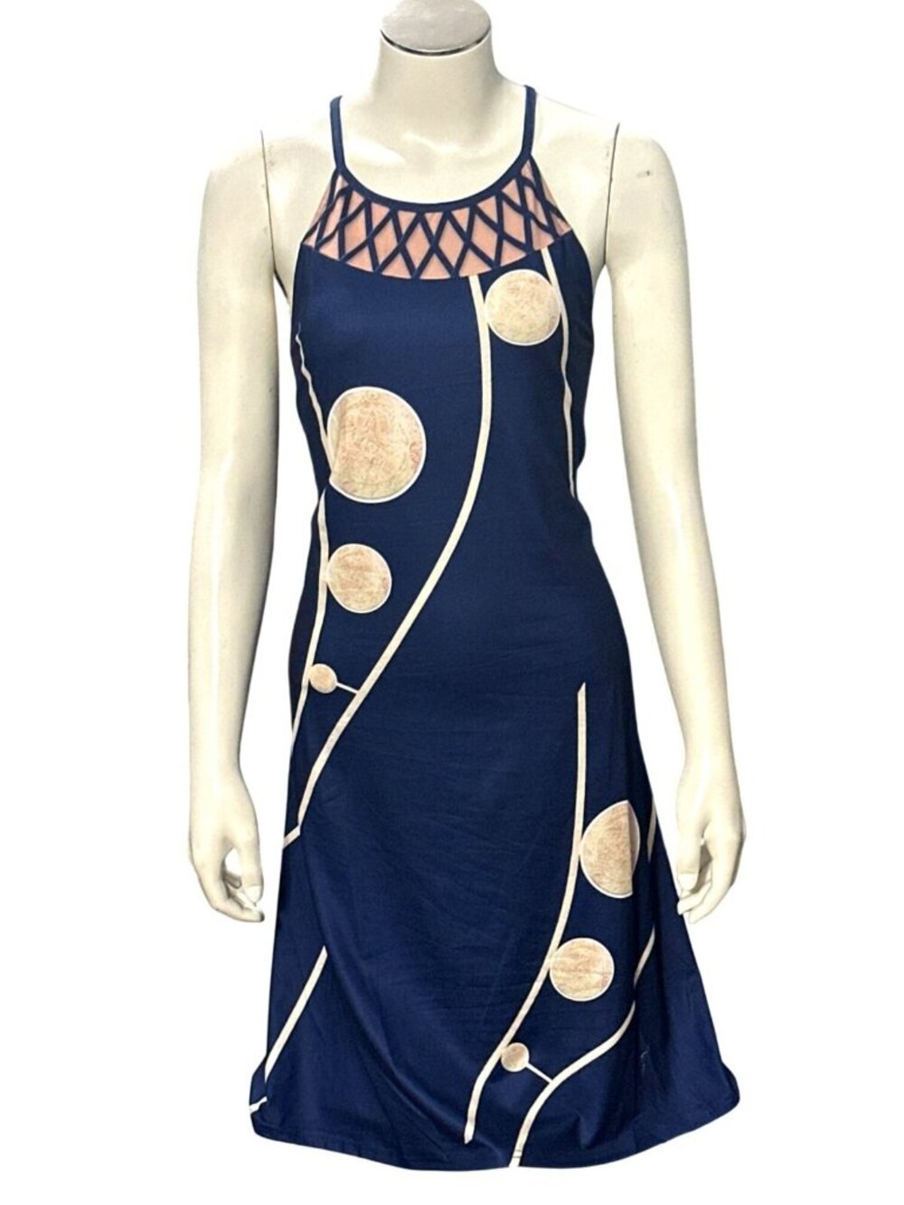 Blue Sleeveless Halter Dress Large Geometric Mesh Neckline Casual Lightweight Fi